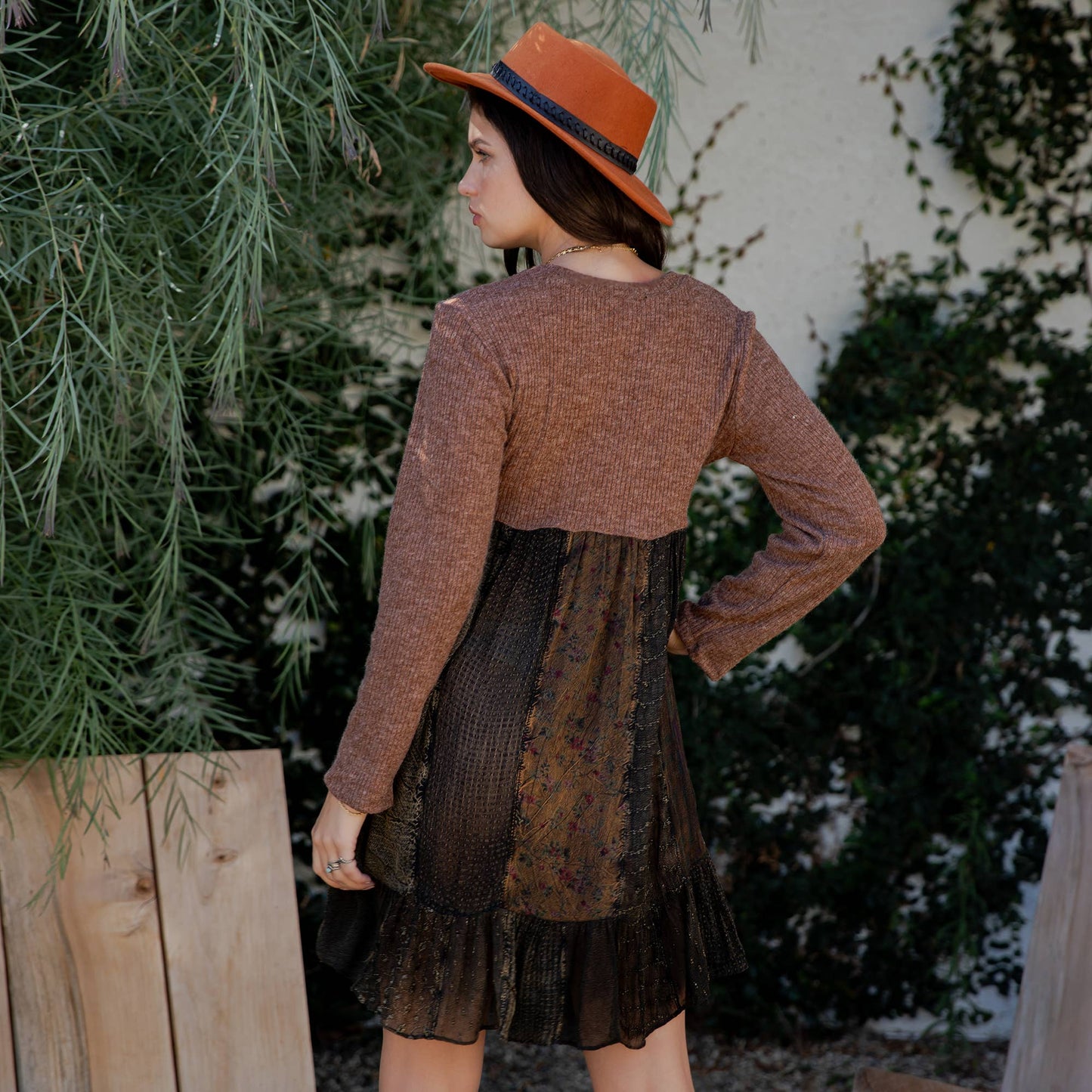 Cozy Sweater Knit Babydoll Dress with Patch Panels & Zipper