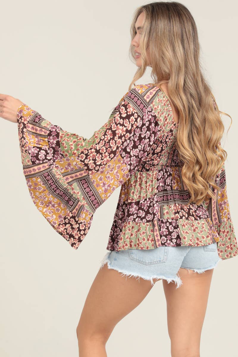 WIDE FLARE BELL SLEEVES LACE TRIM BLOUSE