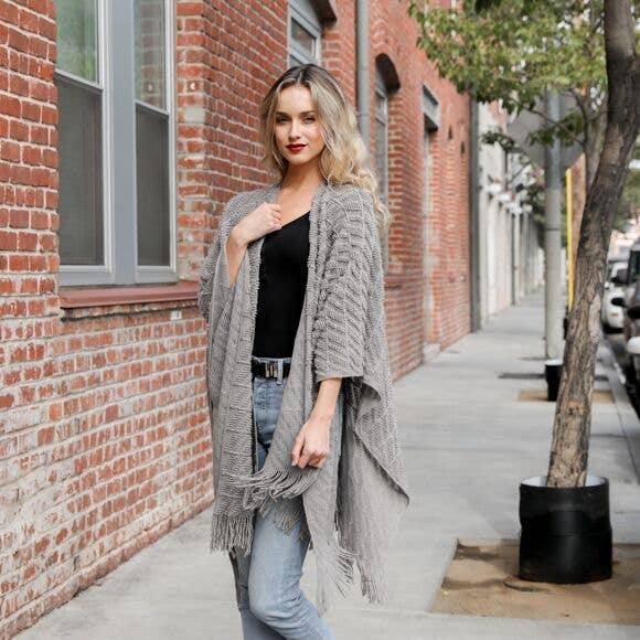 Soft Diagonal Knit Tassel Trim Ruana