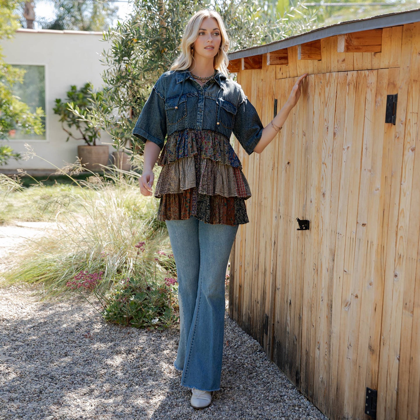 Front-Open Hooded Denim Shirt with Playful Mixed Ruffles