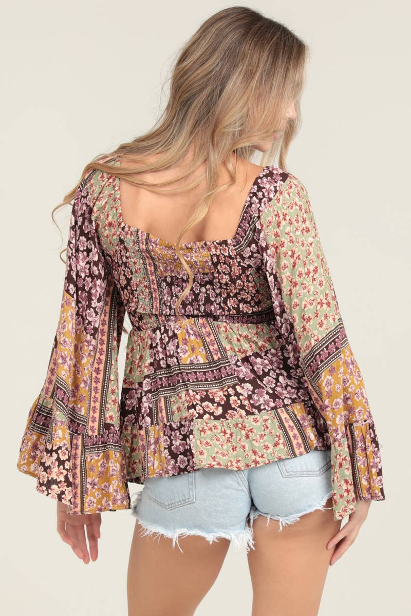 WIDE FLARE BELL SLEEVES LACE TRIM BLOUSE