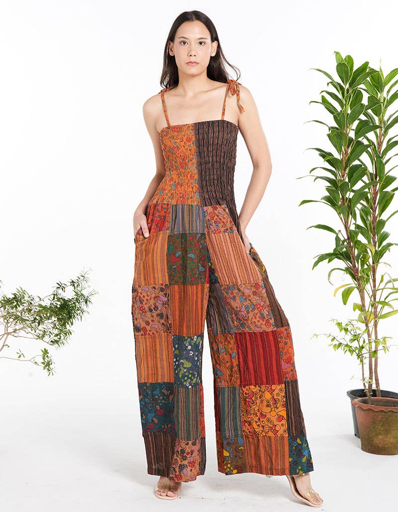 Smocked Patchwork Overalls