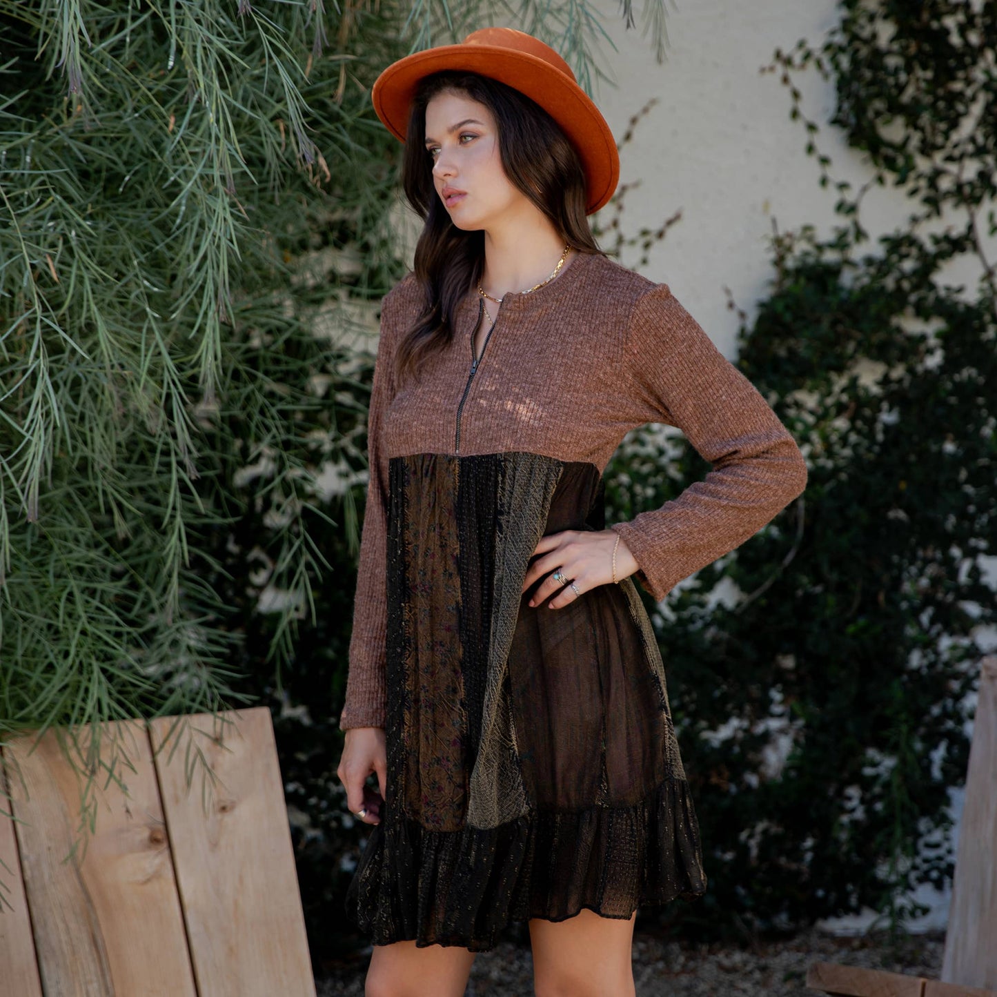 Cozy Sweater Knit Babydoll Dress with Patch Panels & Zipper