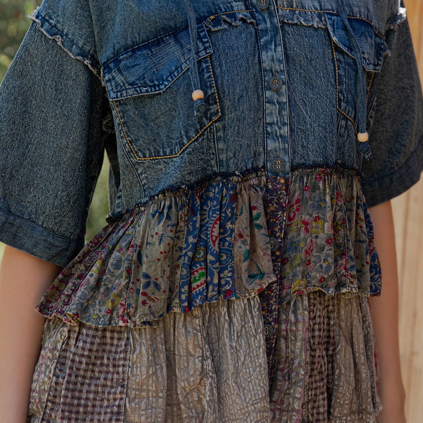 Front-Open Hooded Denim Shirt with Playful Mixed Ruffles