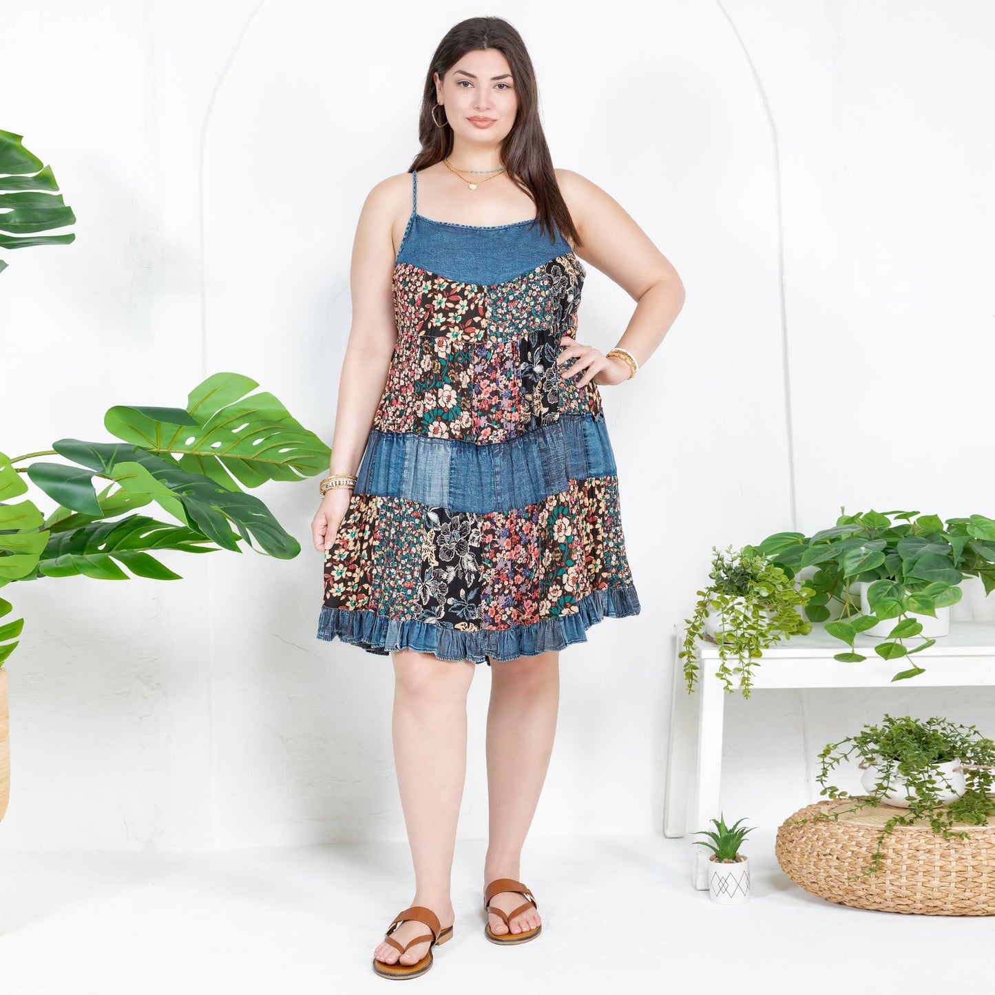 Flirty Babydoll Spaghetti Dress with Denim Yoke