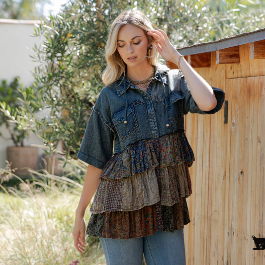 Front-Open Hooded Denim Shirt with Playful Mixed Ruffles