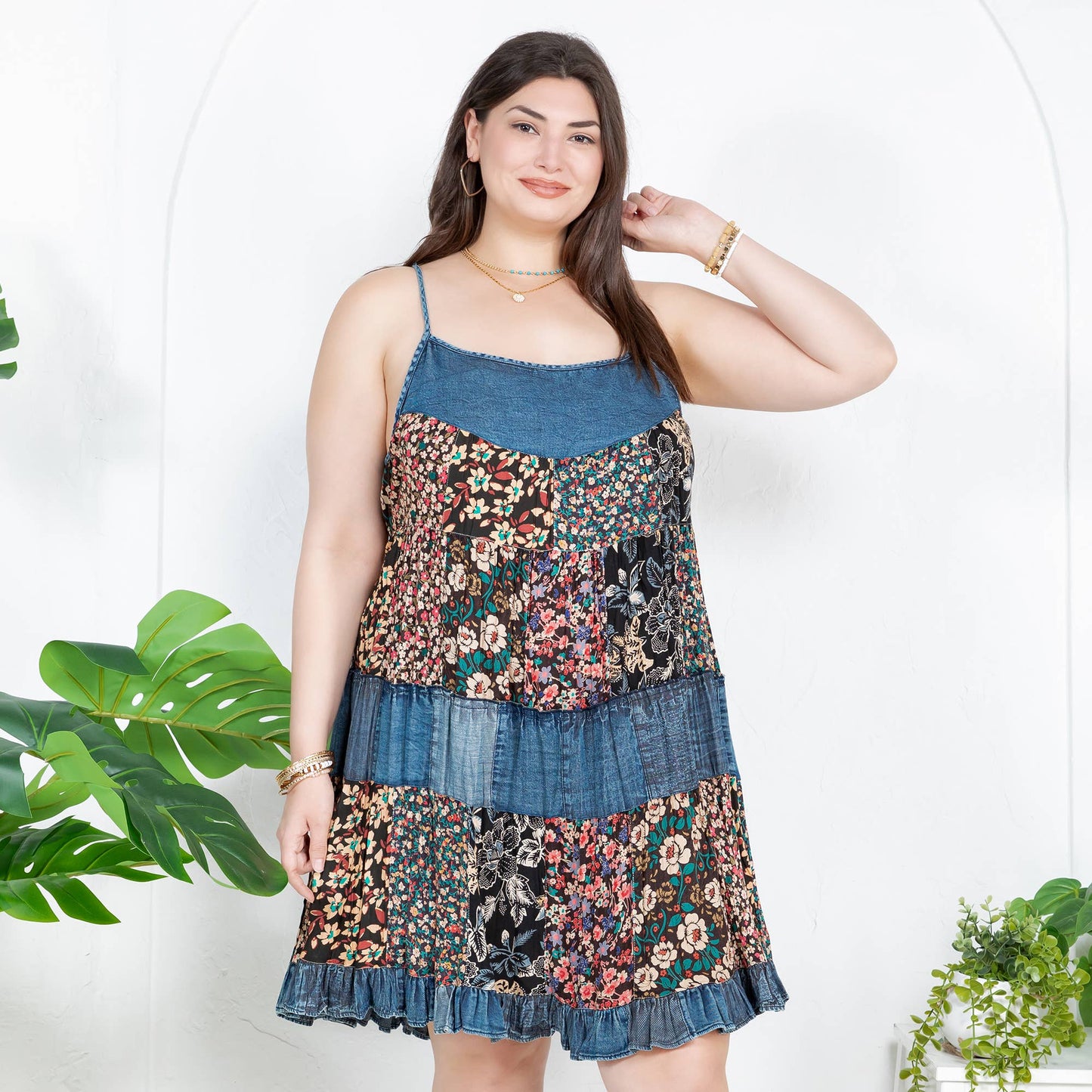 Flirty Babydoll Spaghetti Dress with Denim Yoke