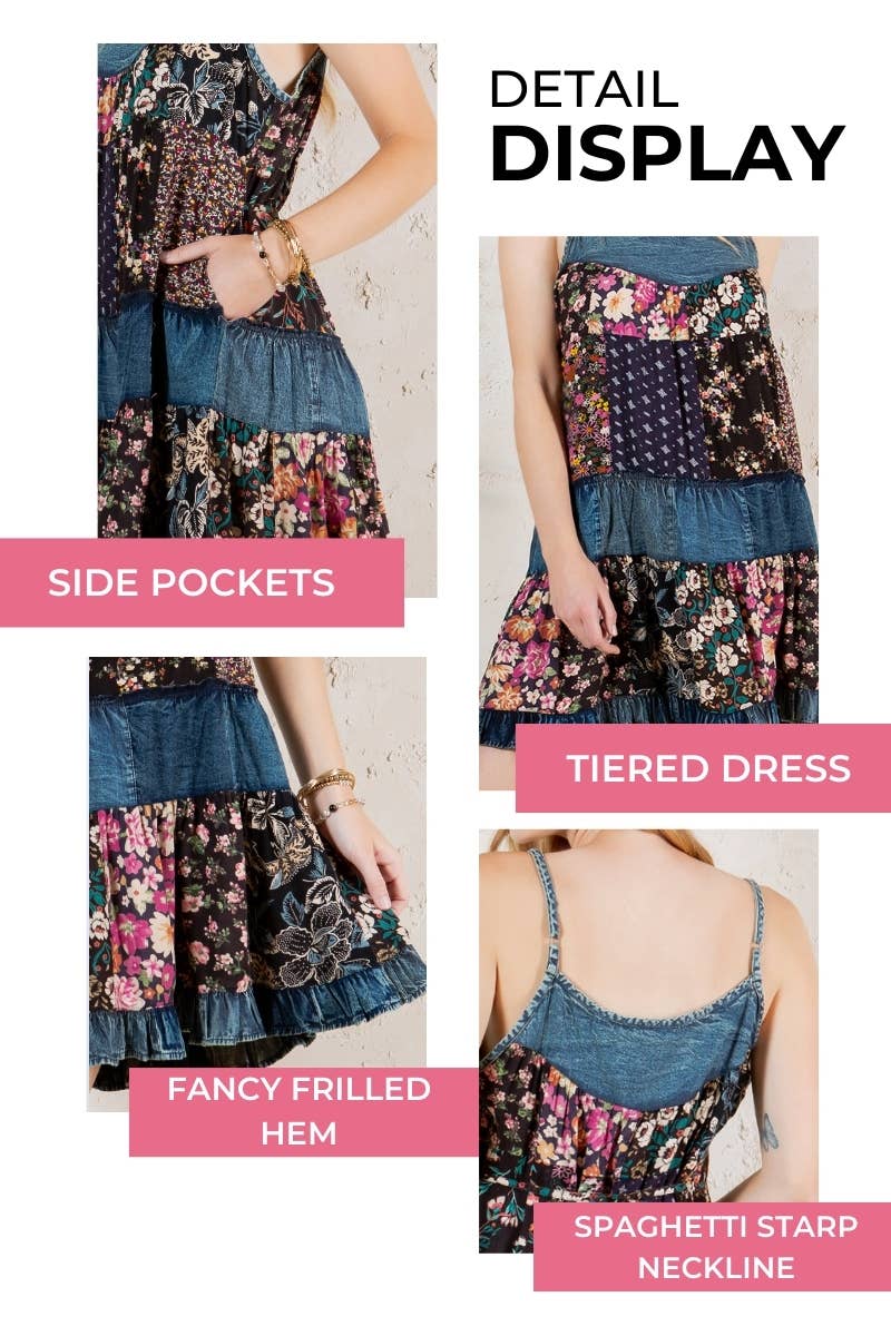 Flirty Babydoll Spaghetti Dress with Denim Yoke