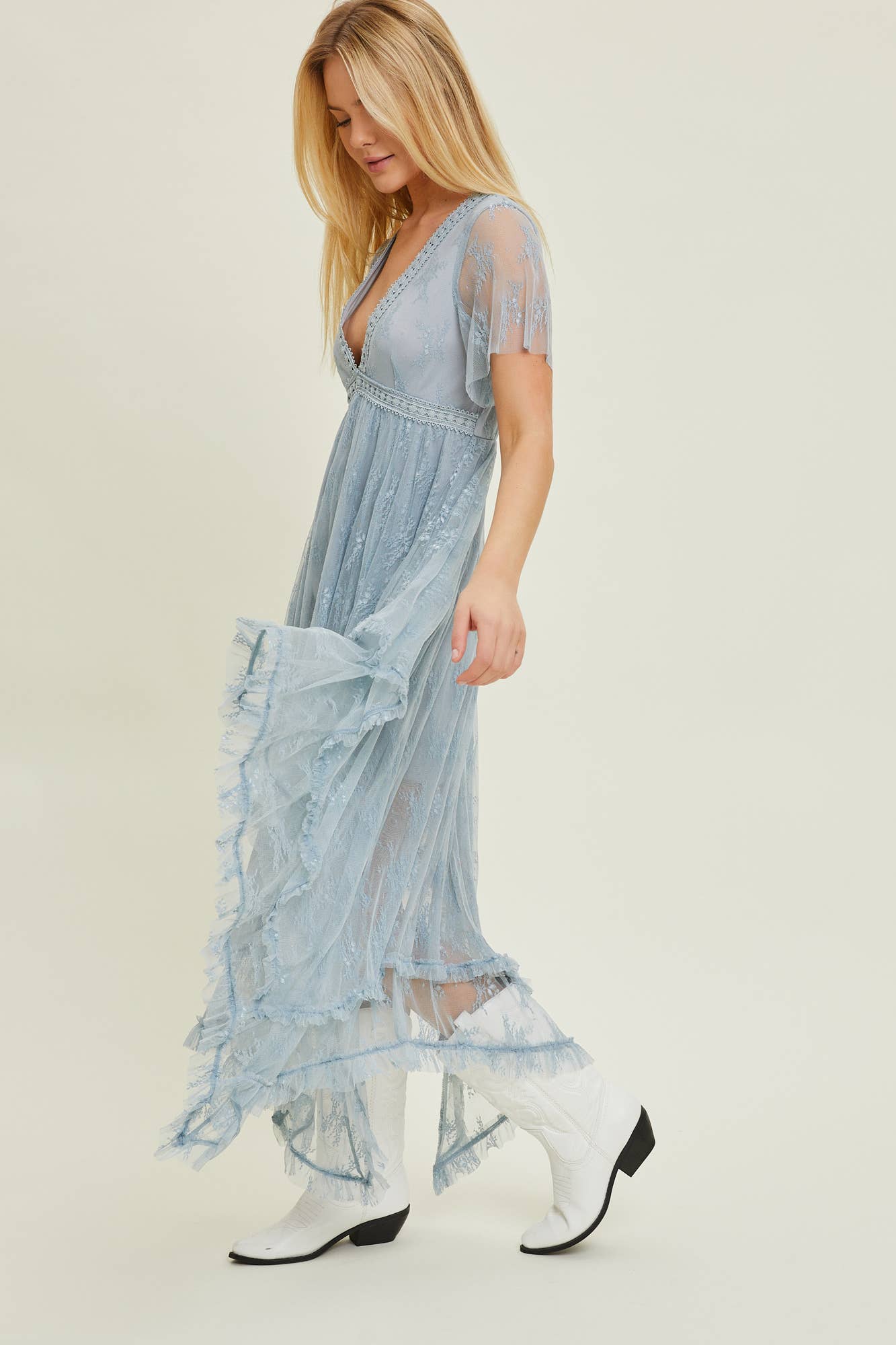 EMBELLISHED LACE HEM DRESS - Deep V-Neck