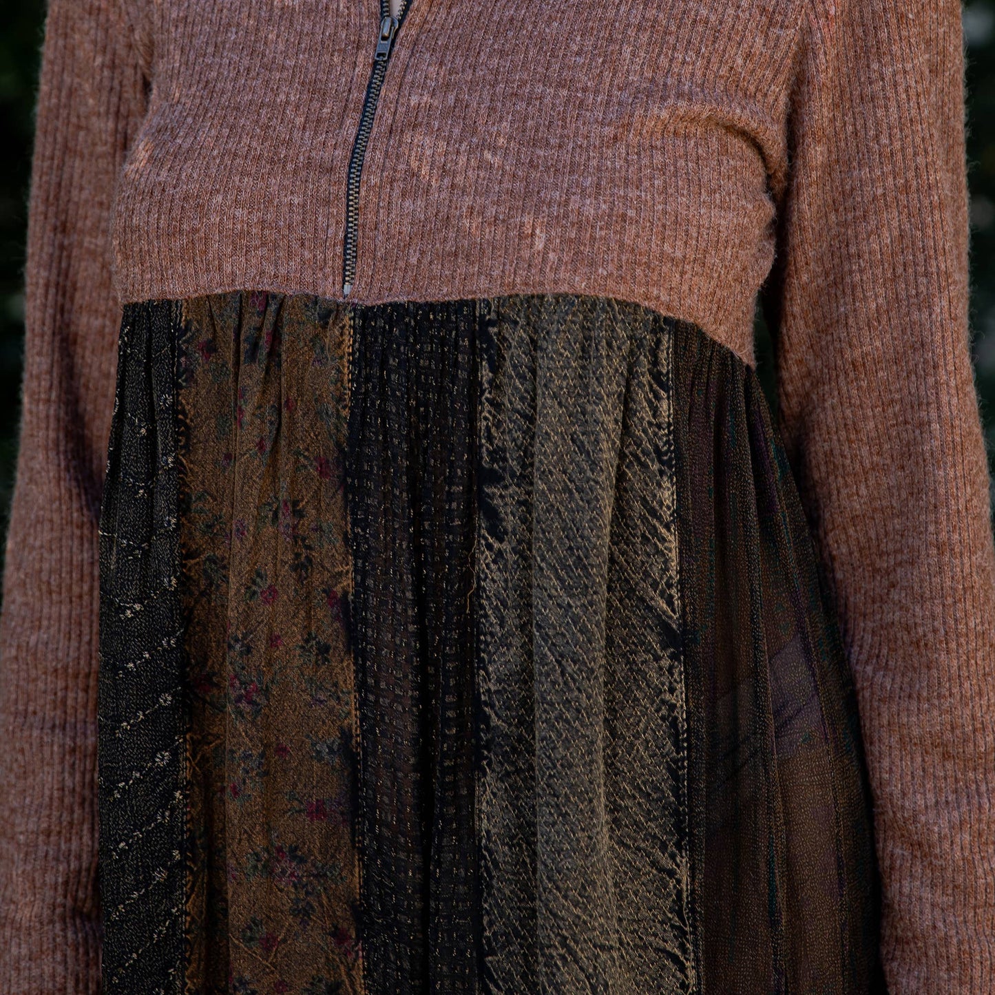 Cozy Sweater Knit Babydoll Dress with Patch Panels & Zipper