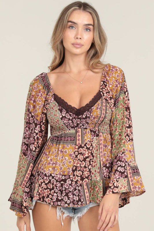 WIDE FLARE BELL SLEEVES LACE TRIM BLOUSE