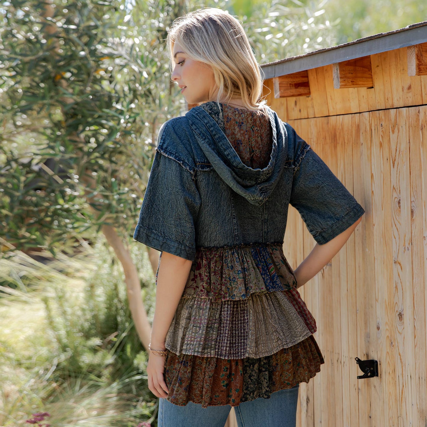 Front-Open Hooded Denim Shirt with Playful Mixed Ruffles