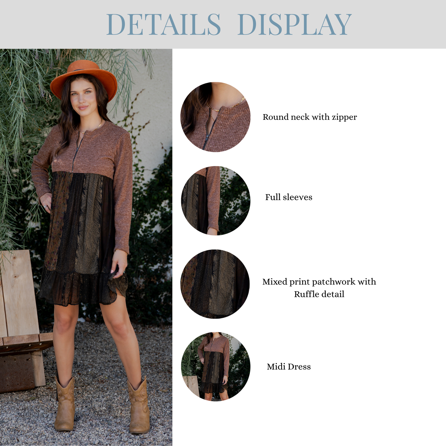 Cozy Sweater Knit Babydoll Dress with Patch Panels & Zipper