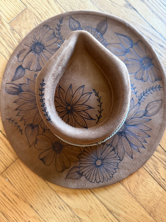 Brown Suede fedora with multiple flower