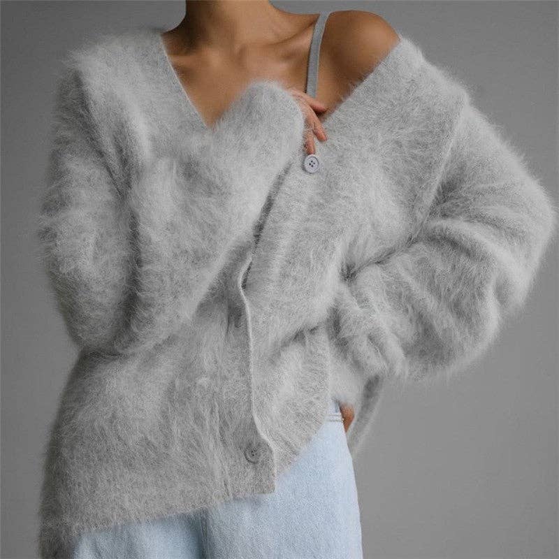 Loose Solid Color Cashmere- like V-Neck Cardigan Sweater