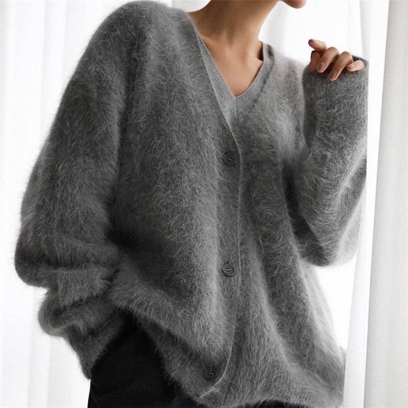 Loose Solid Color Cashmere- like V-Neck Cardigan Sweater