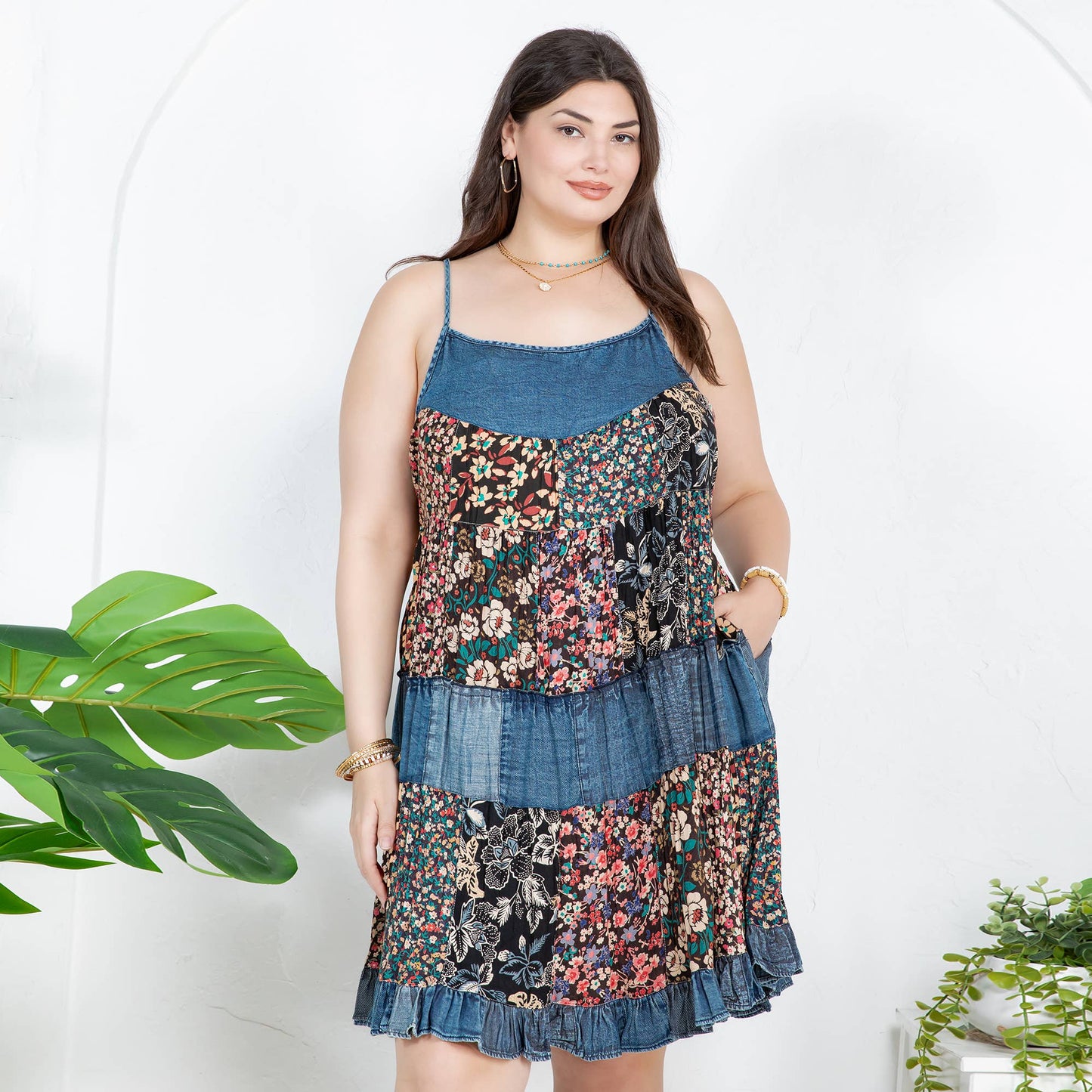 Flirty Babydoll Spaghetti Dress with Denim Yoke