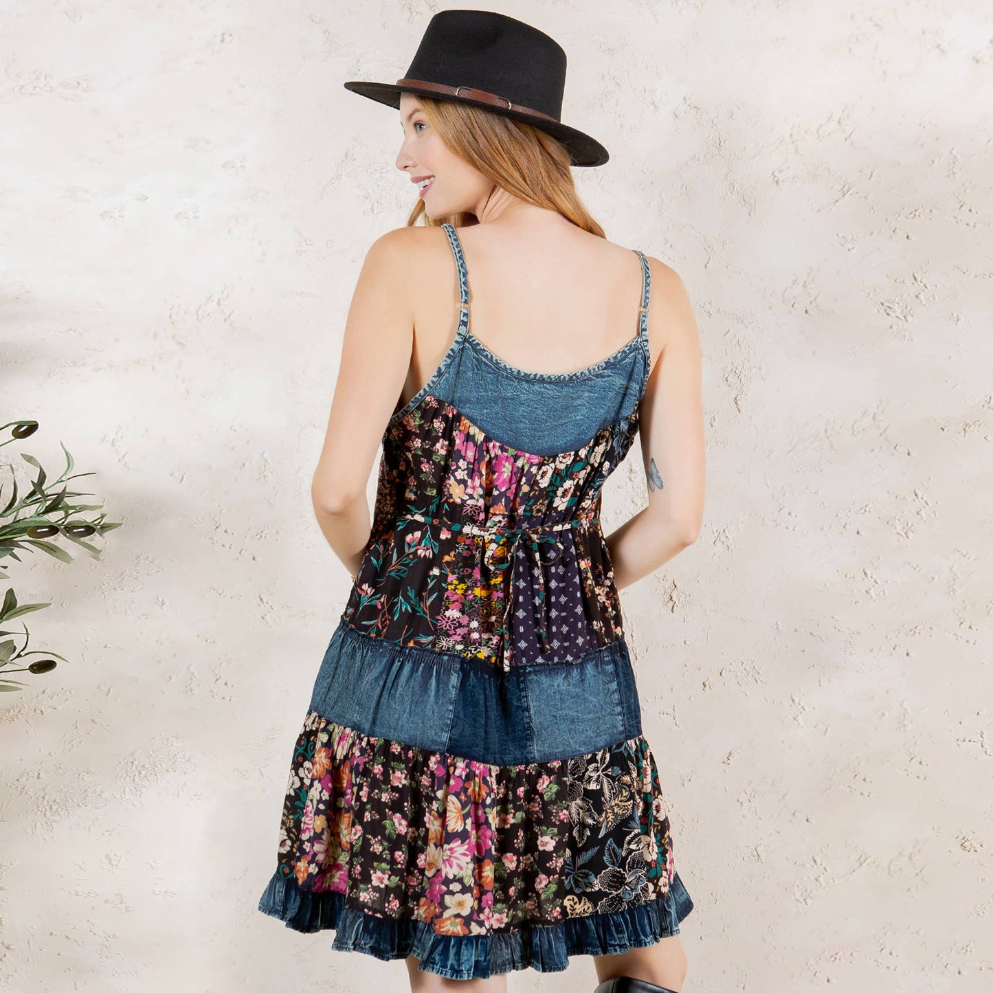 Flirty Babydoll Spaghetti Dress with Denim Yoke