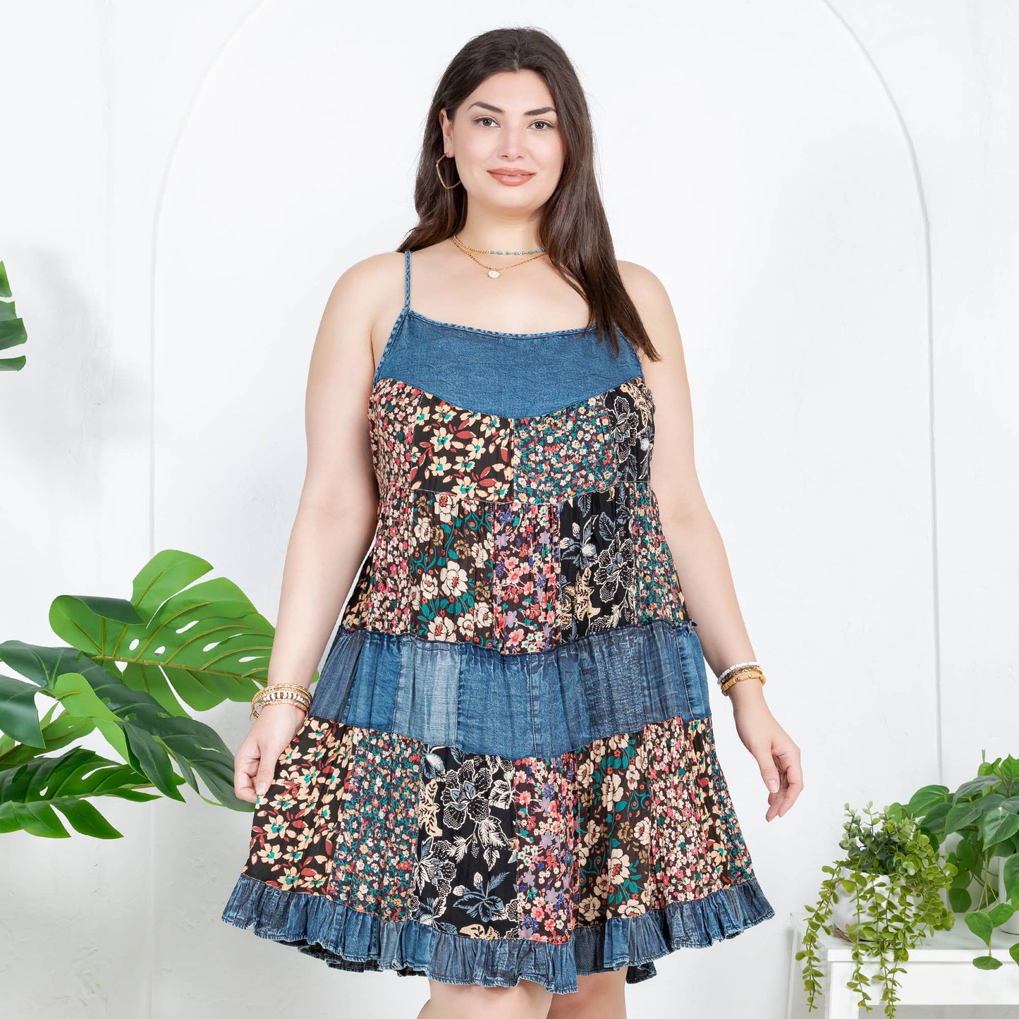 Flirty Babydoll Spaghetti Dress with Denim Yoke