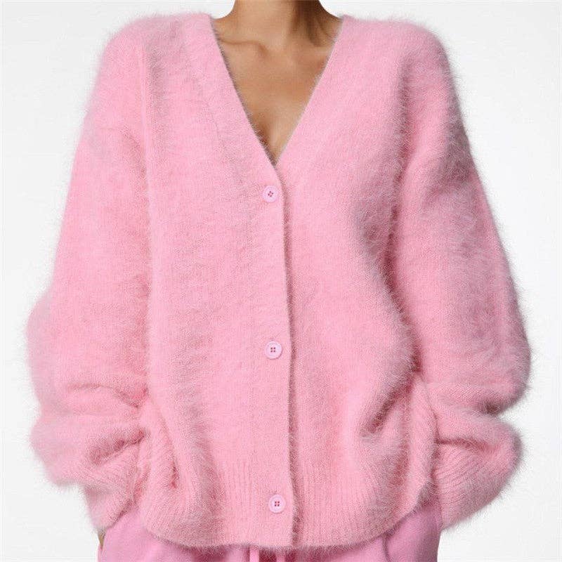 Loose Solid Color Cashmere- like V-Neck Cardigan Sweater
