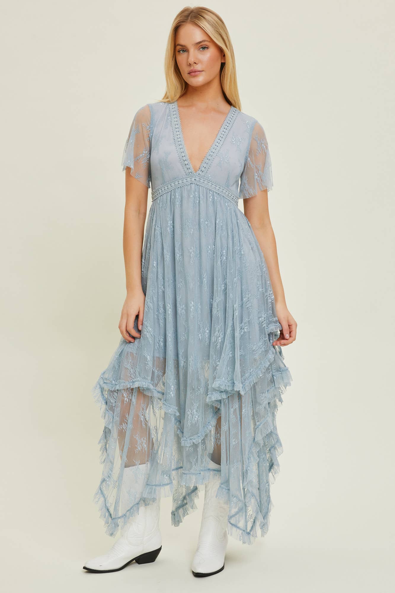 EMBELLISHED LACE HEM DRESS - Deep V-Neck