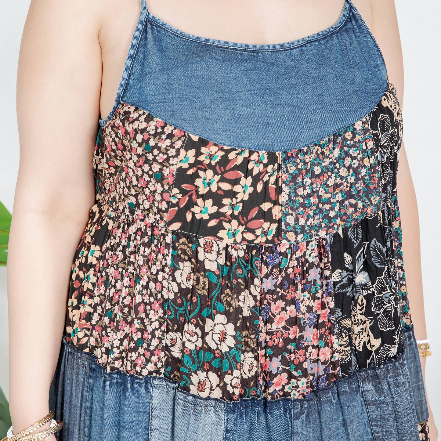 Flirty Babydoll Spaghetti Dress with Denim Yoke