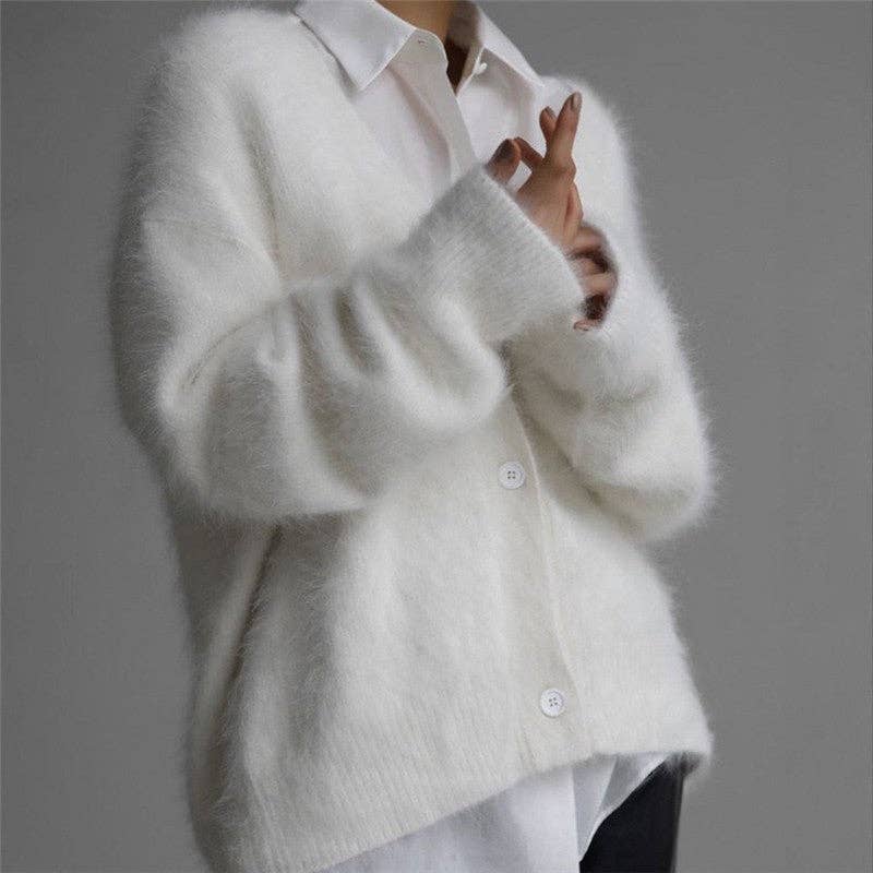 Loose Solid Color Cashmere- like V-Neck Cardigan Sweater
