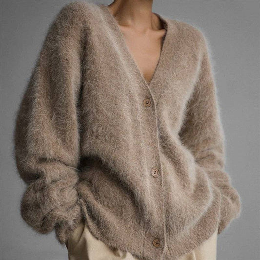 Loose Solid Color Cashmere- like V-Neck Cardigan Sweater
