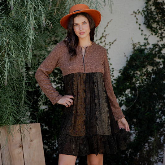 Cozy Sweater Knit Babydoll Dress with Patch Panels & Zipper