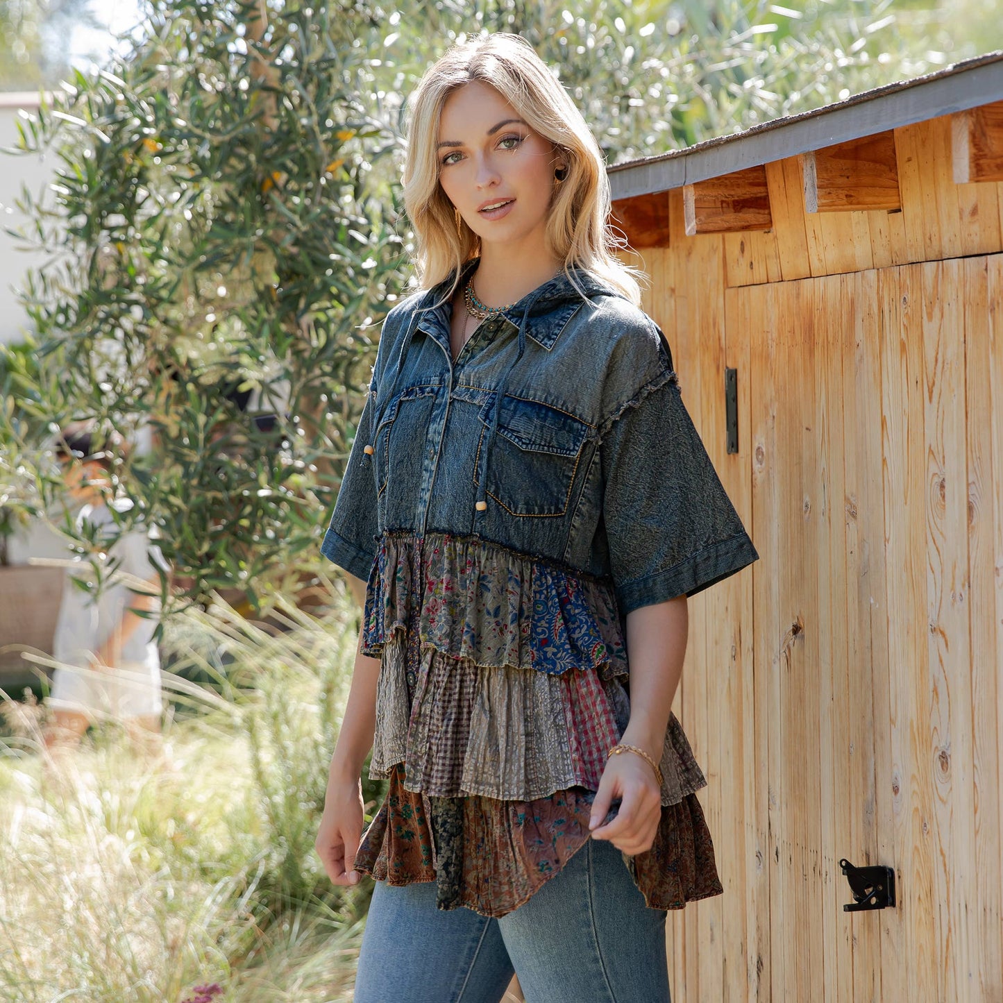 Front-Open Hooded Denim Shirt with Playful Mixed Ruffles